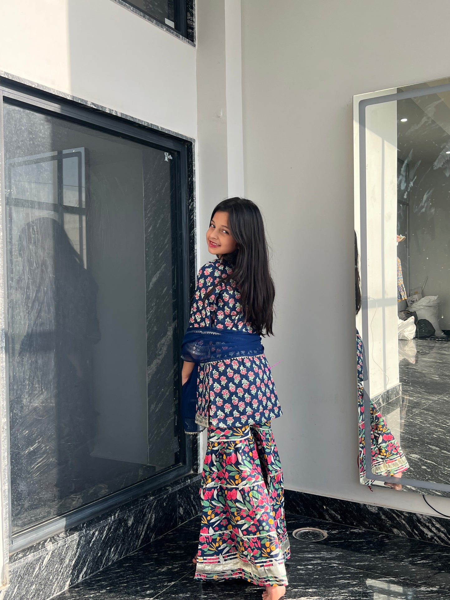 Blue Orchid 3-pc Kurti, Sharara  & Dupatta Set for Girls