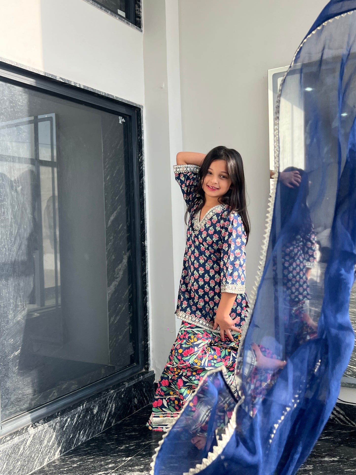 Blue Orchid 3-pc Kurti, Sharara  & Dupatta Set for Girls