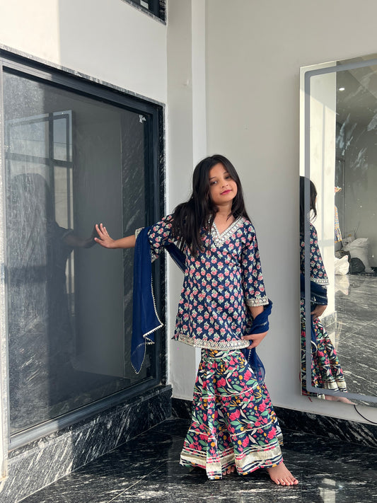 Blue Orchid 3-pc Kurti, Sharara  & Dupatta Set for Girls