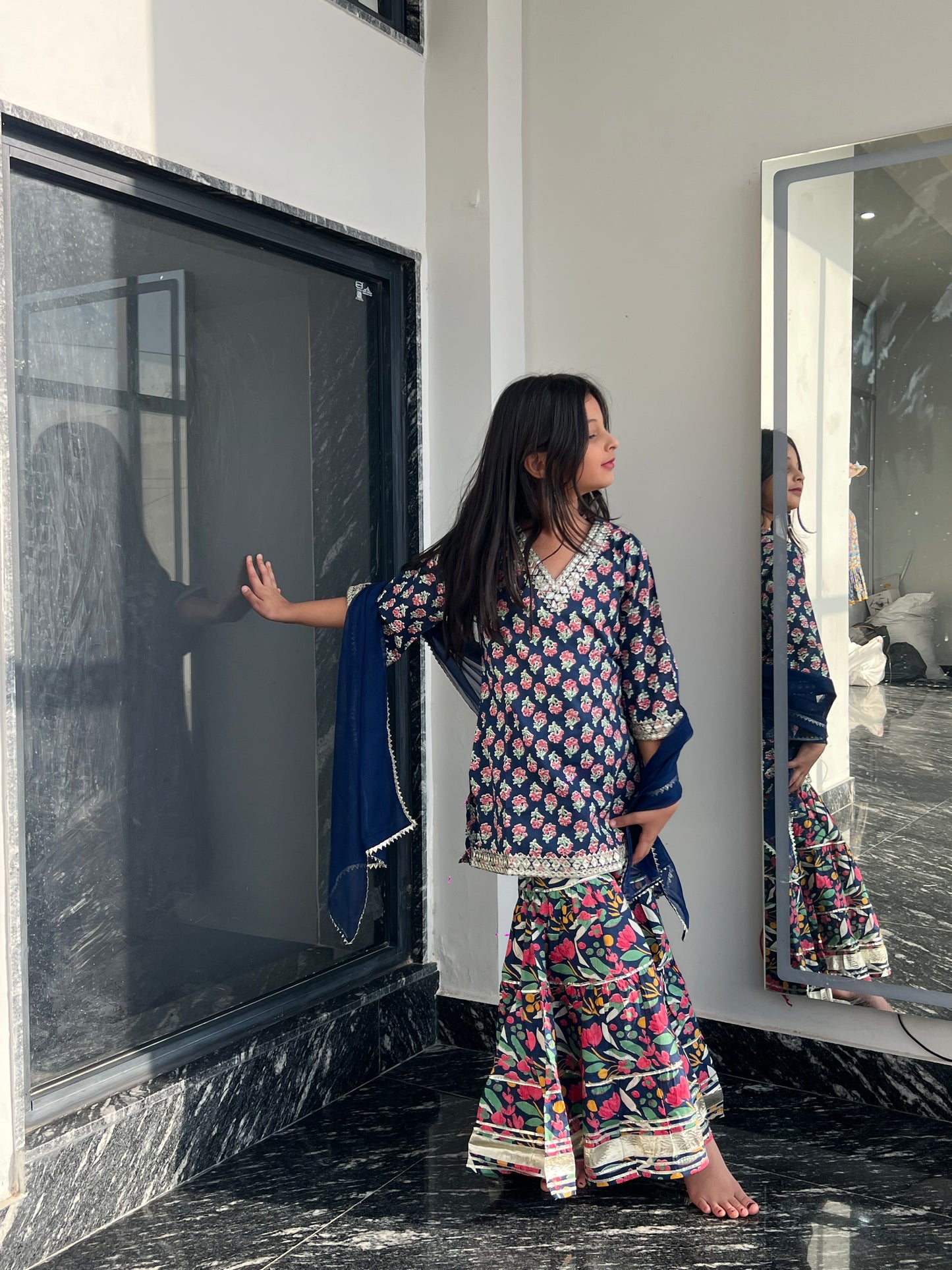 Blue Orchid 3-pc Kurti, Sharara  & Dupatta Set for Girls