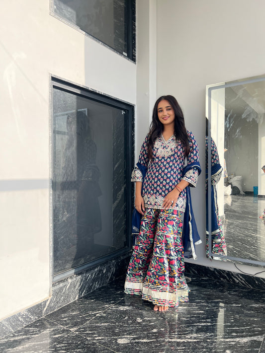 Blue Orchid Floral & Mirror Work Kurta, Sharara and Dupatta Set