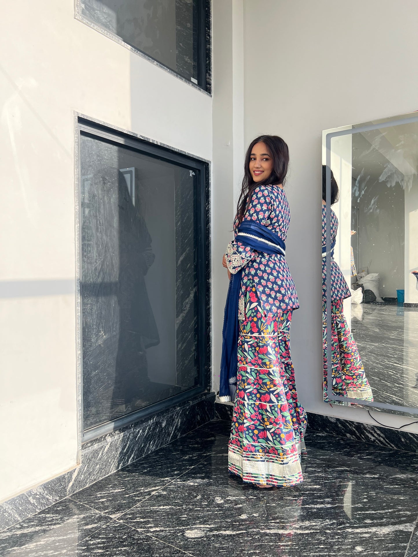 Blue Orchid Floral & Mirror Work Kurta, Sharara and Dupatta Set