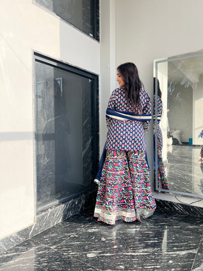 Blue Orchid Floral & Mirror Work Kurta, Sharara and Dupatta Set