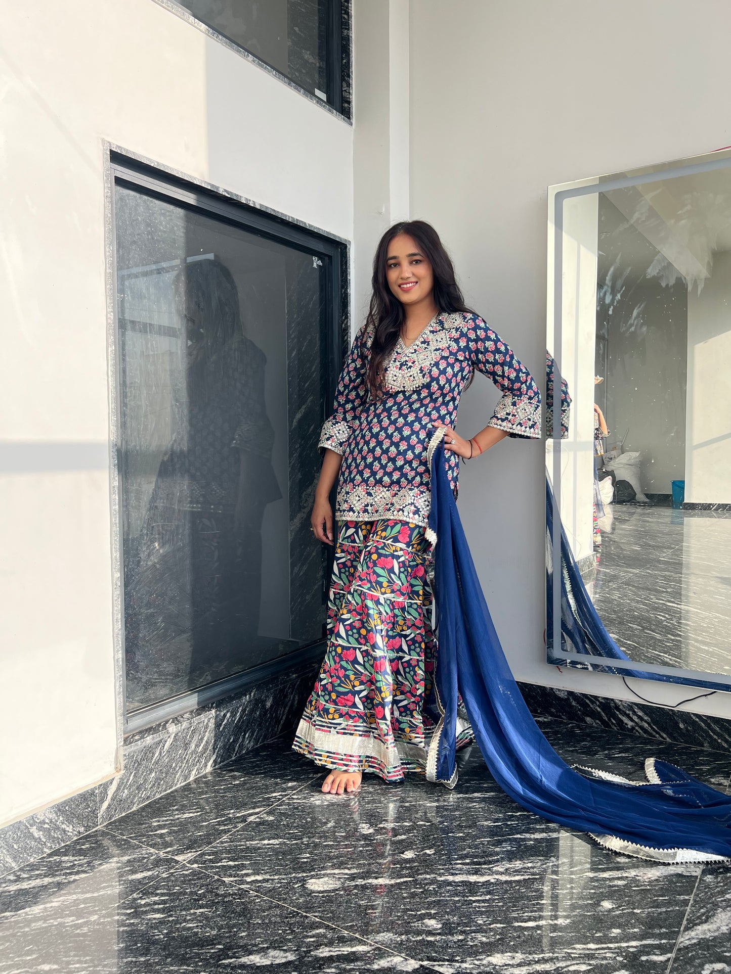 Blue Orchid Floral & Mirror Work Kurta, Sharara and Dupatta Set