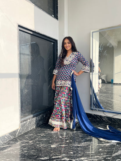 Blue Orchid Floral & Mirror Work Kurta, Sharara and Dupatta Set