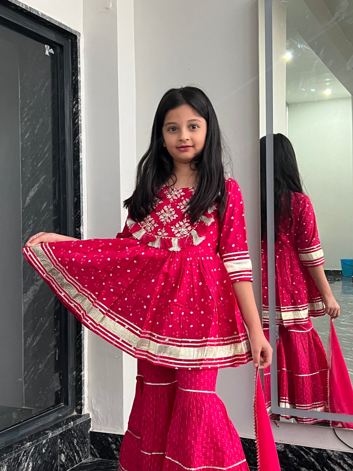 Pom Pom Anarkali Kurti, Sharara & Dupatta - Twinning in Pink