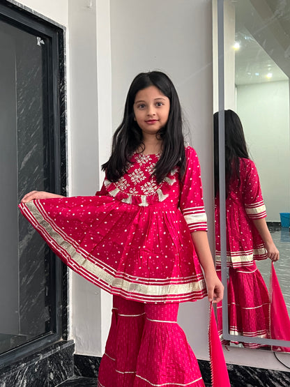 Pom Pom Anarkali Kurti, Sharara & Dupatta - Twinning in Pink