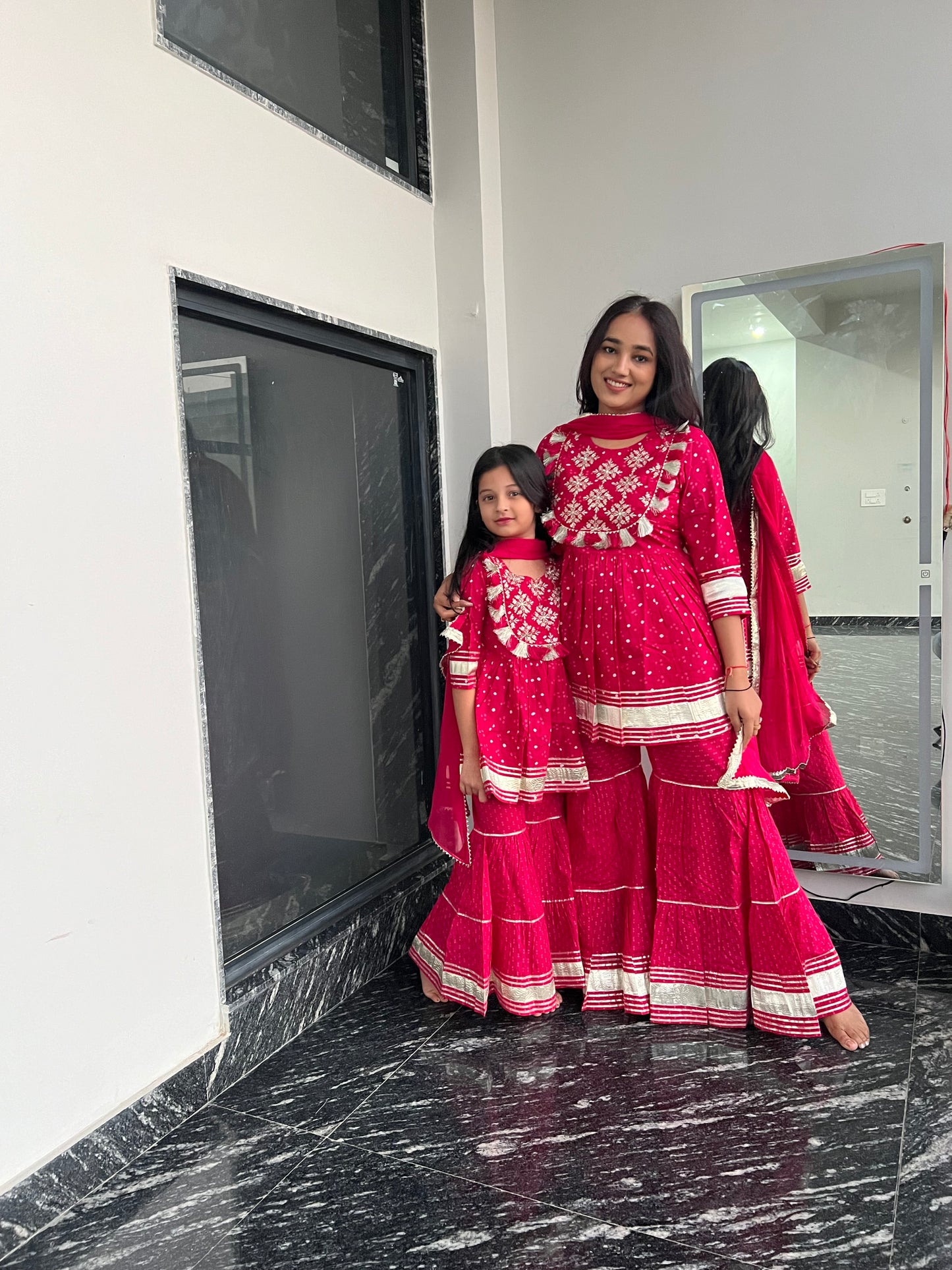Pom Pom Anarkali Kurti, Sharara & Dupatta - Twinning in Pink