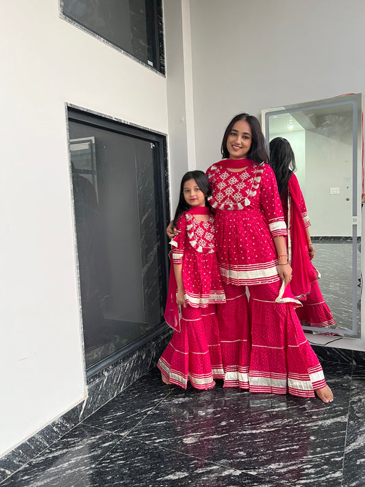 Pom Pom Anarkali Kurti, Sharara & Dupatta - Twinning in Pink