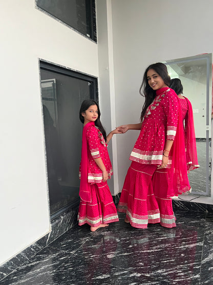 Pom Pom Anarkali Kurti, Sharara & Dupatta - Twinning in Pink