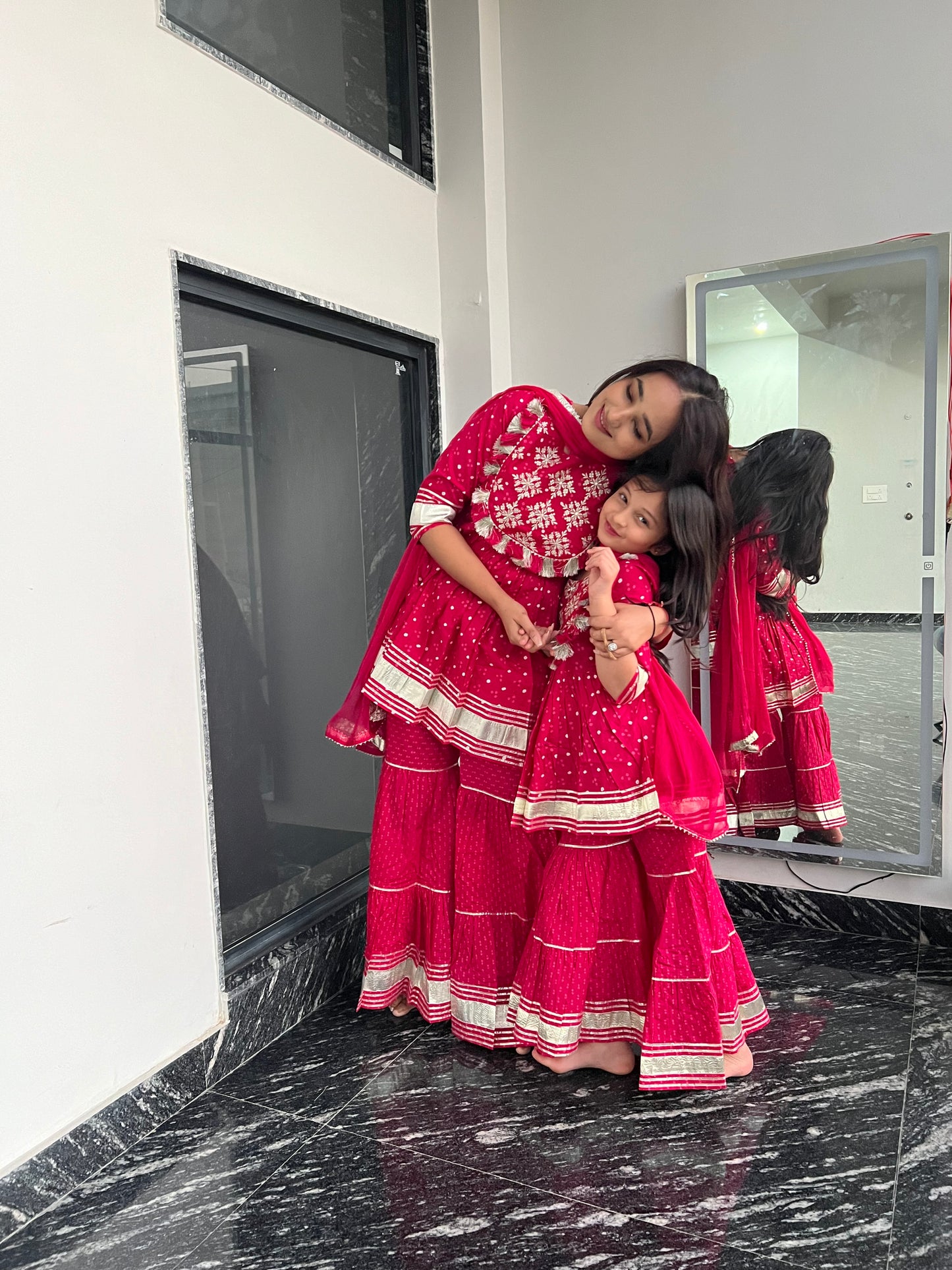 Pom Pom Anarkali Kurti, Sharara & Dupatta - Twinning in Pink