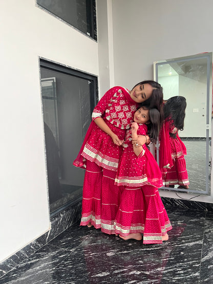 Pom Pom Anarkali Kurti, Sharara & Dupatta - Twinning in Pink