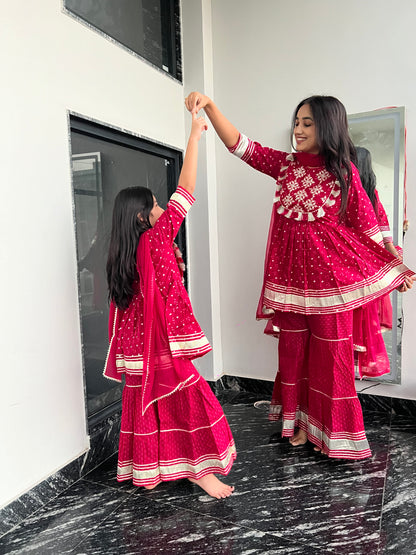 Pom Pom Anarkali Kurti, Sharara & Dupatta - Twinning in Pink