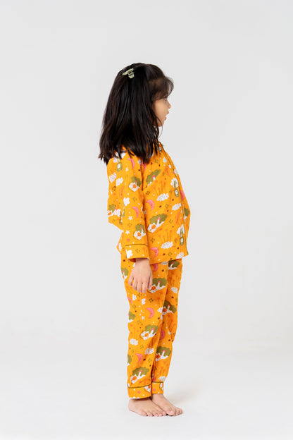 Adorable Orange Cartoon Print Night Suit Set