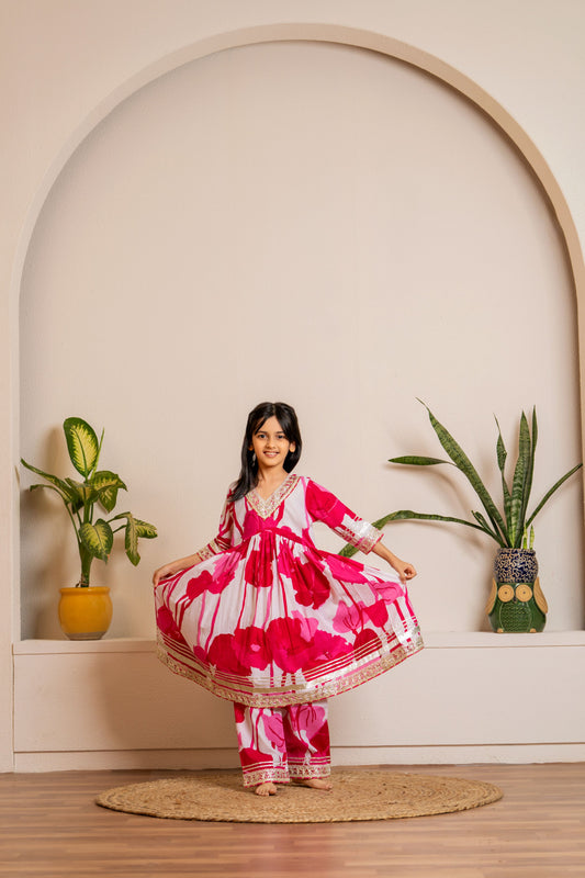 Pink Flower Anarkali 3-pc Suit Set for Girls