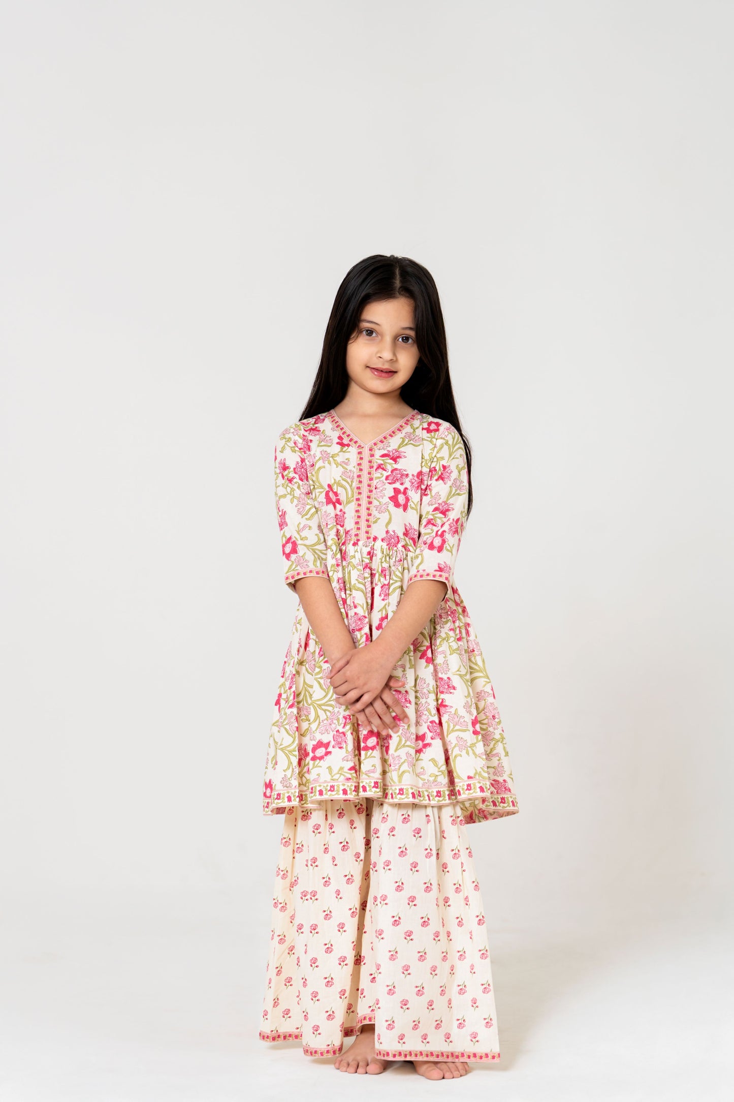 Charming Off-White Jaipuri Kurti Sharara Set