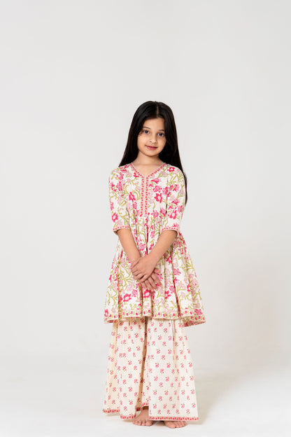 Charming Off-White Jaipuri Kurti Sharara Set