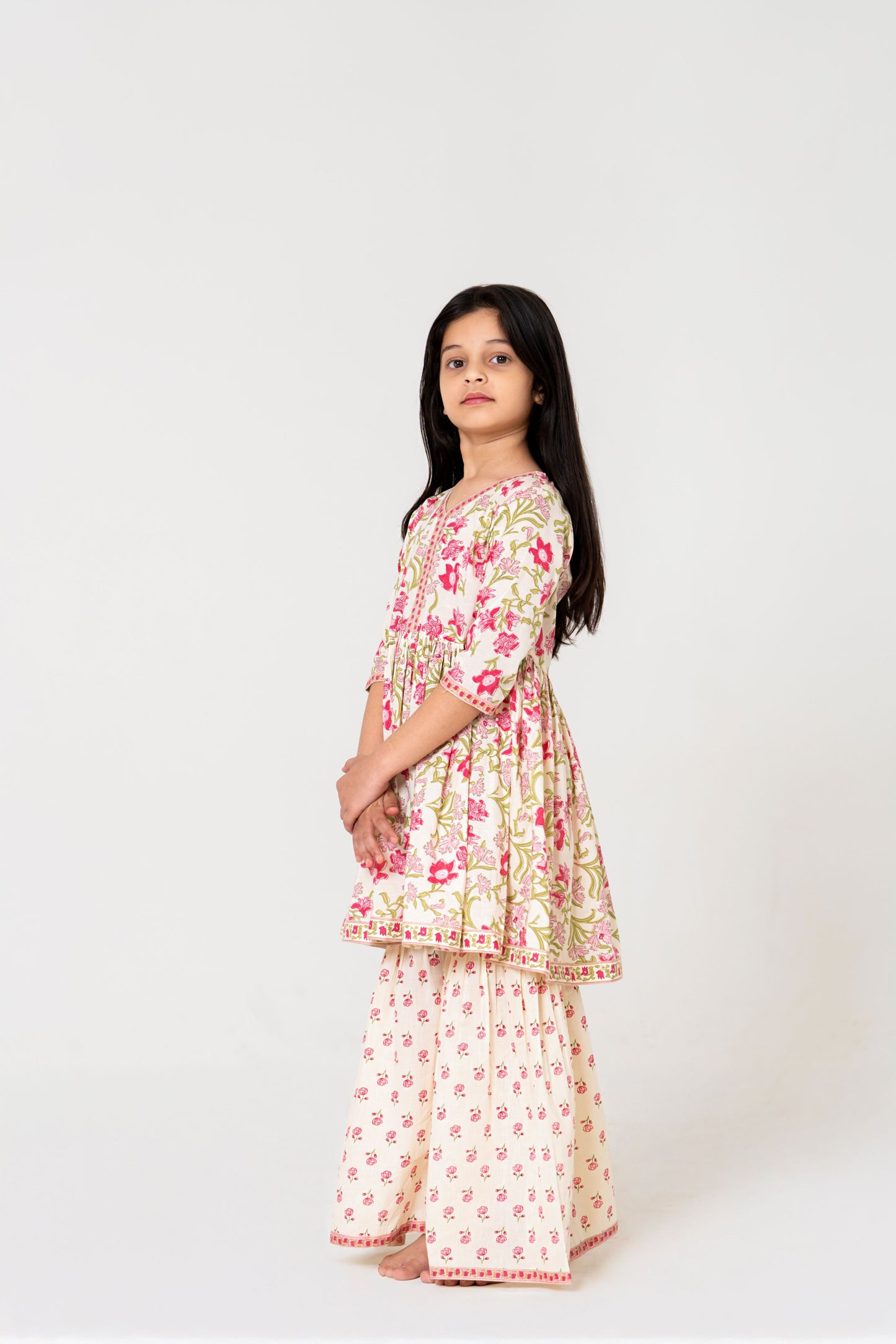 Charming Off-White Jaipuri Kurti Sharara Set