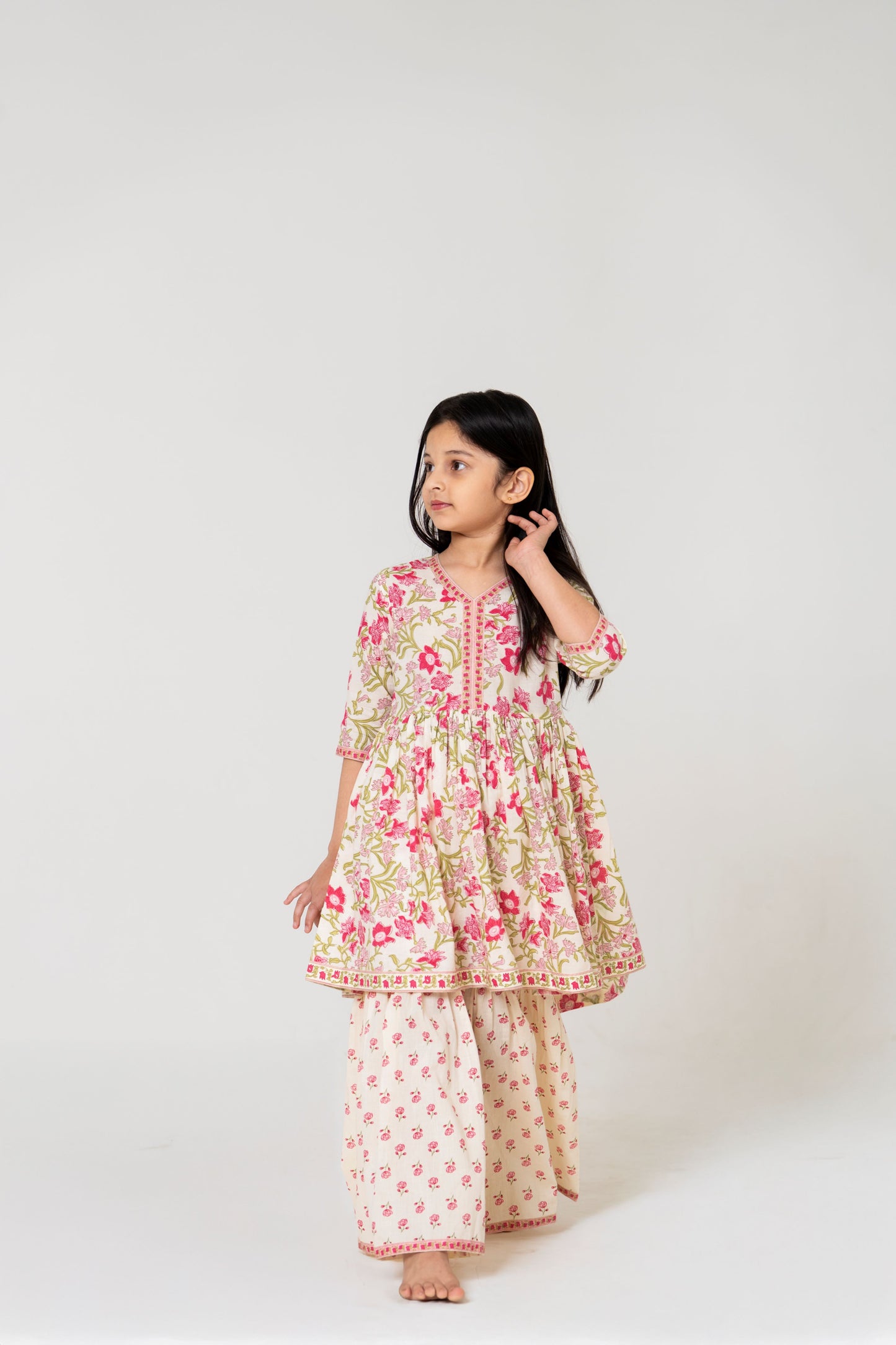 Charming Off-White Jaipuri Kurti Sharara Set