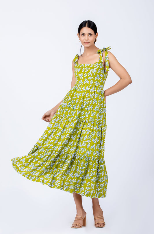 Beachy Green Floral Print Tie-up Straps Dress