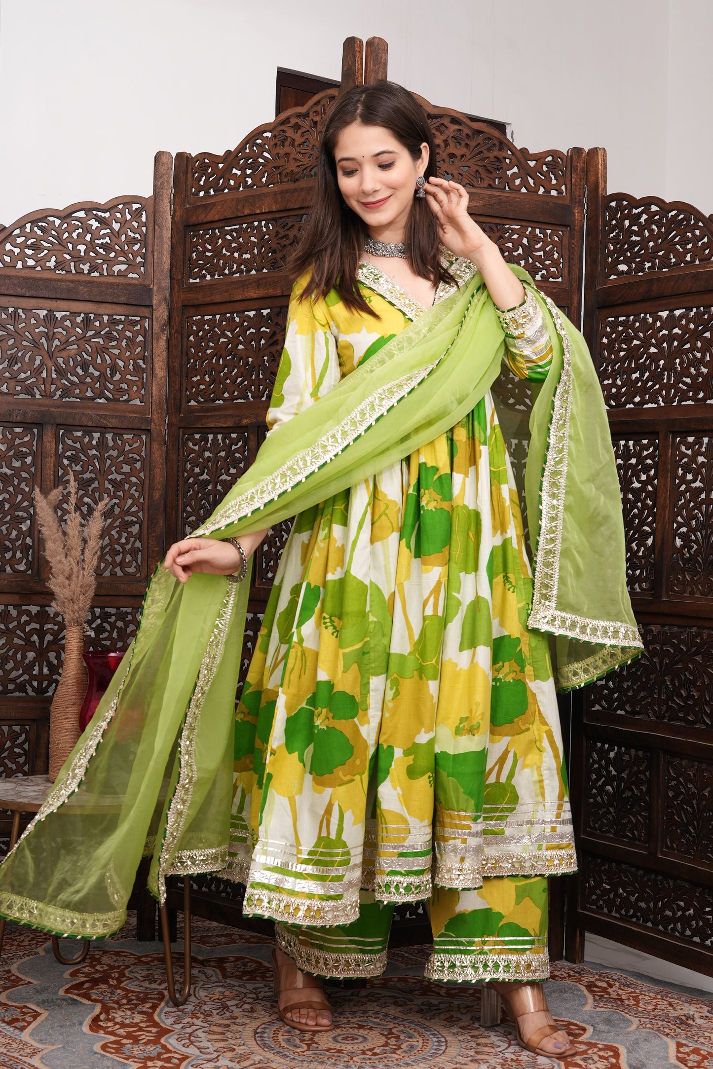 Lime Anarkali Kurta and Dupatta Set