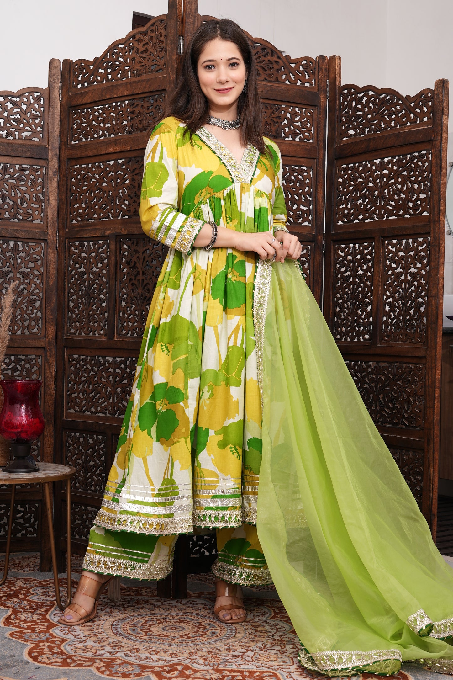 Lime Anarkali Kurta and Dupatta Set