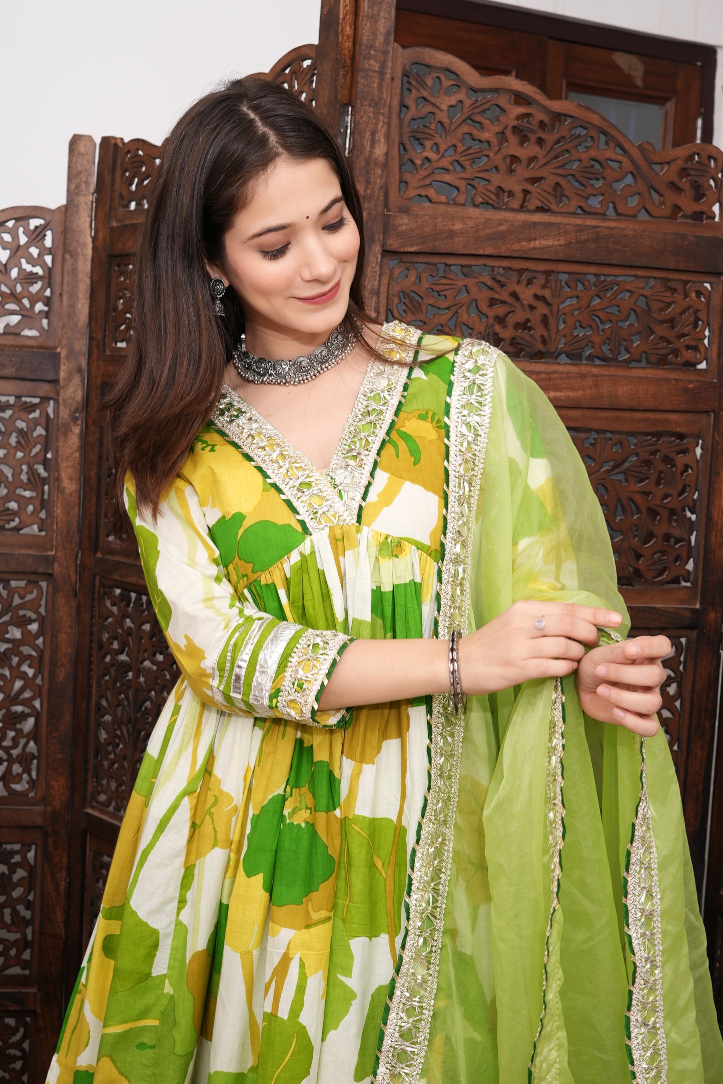 Lime Anarkali Kurta and Dupatta Set