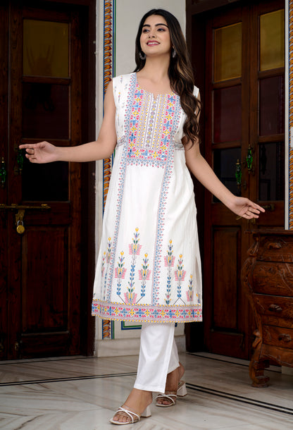 White Mirror Work Cotton Kurti