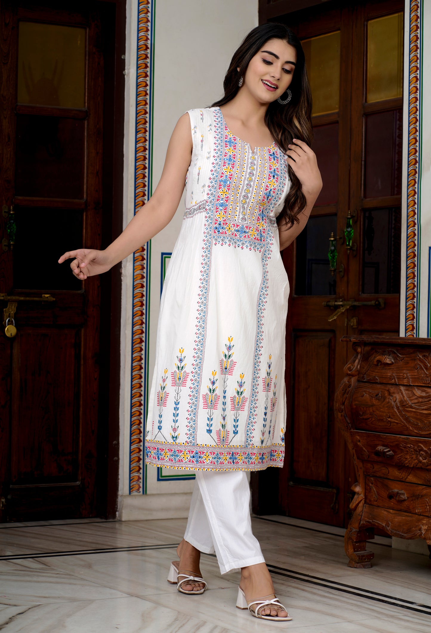 White Mirror Work Cotton Kurti