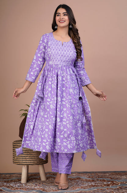 Lavender Nyra Cut Kurta, Pants and Dupatta Set