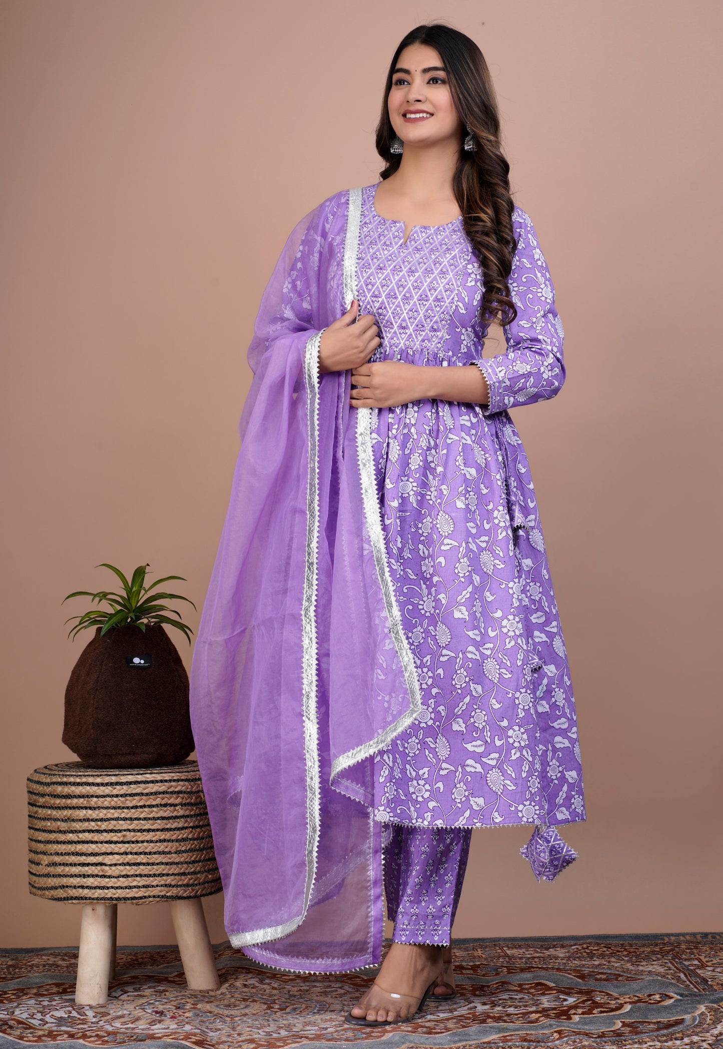 Lavender Nyra Cut Kurta, Pants and Dupatta Set