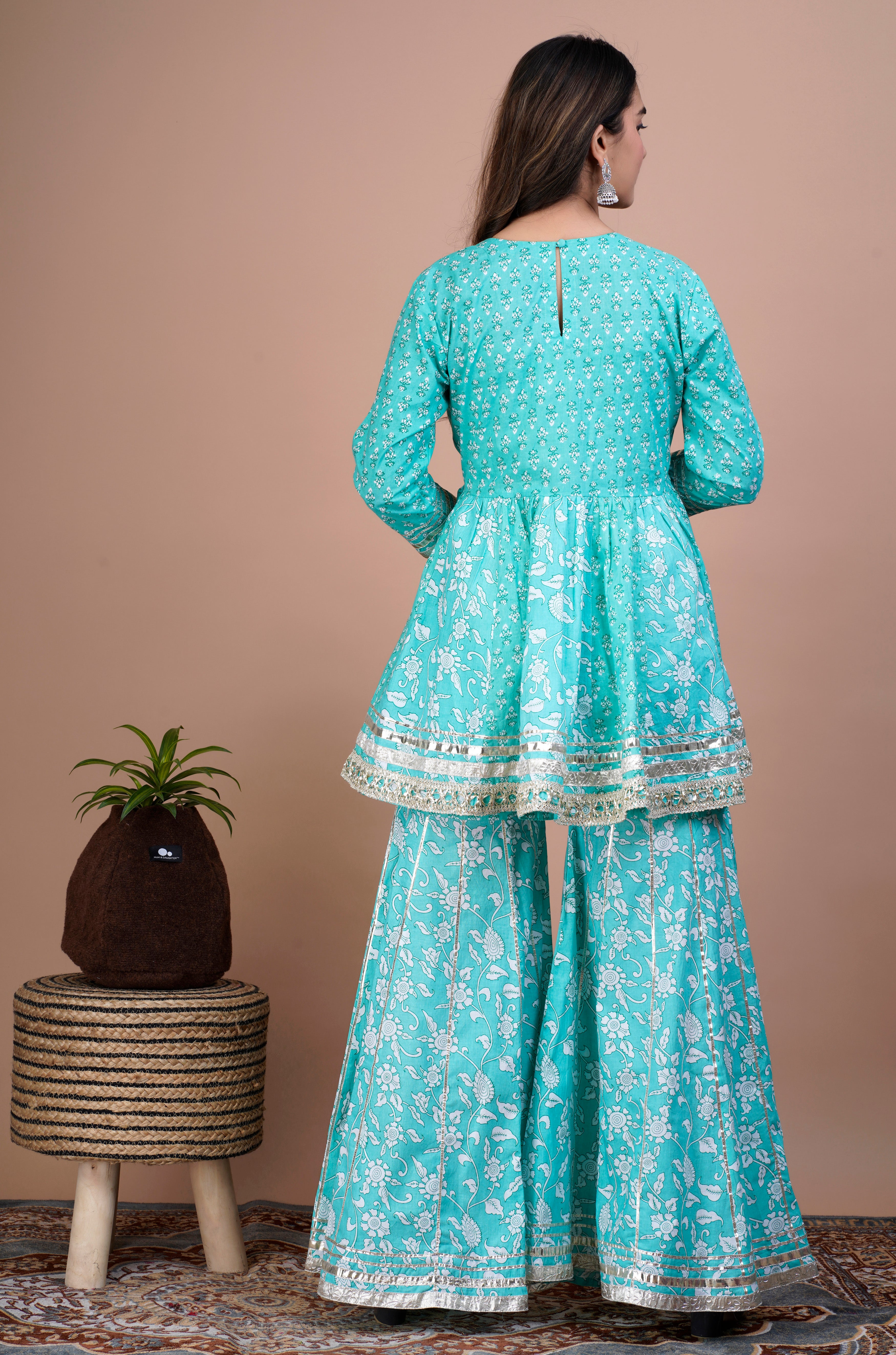 Turquoise Floral & Mirror Work Kurta, Sharara and Dupatta Set