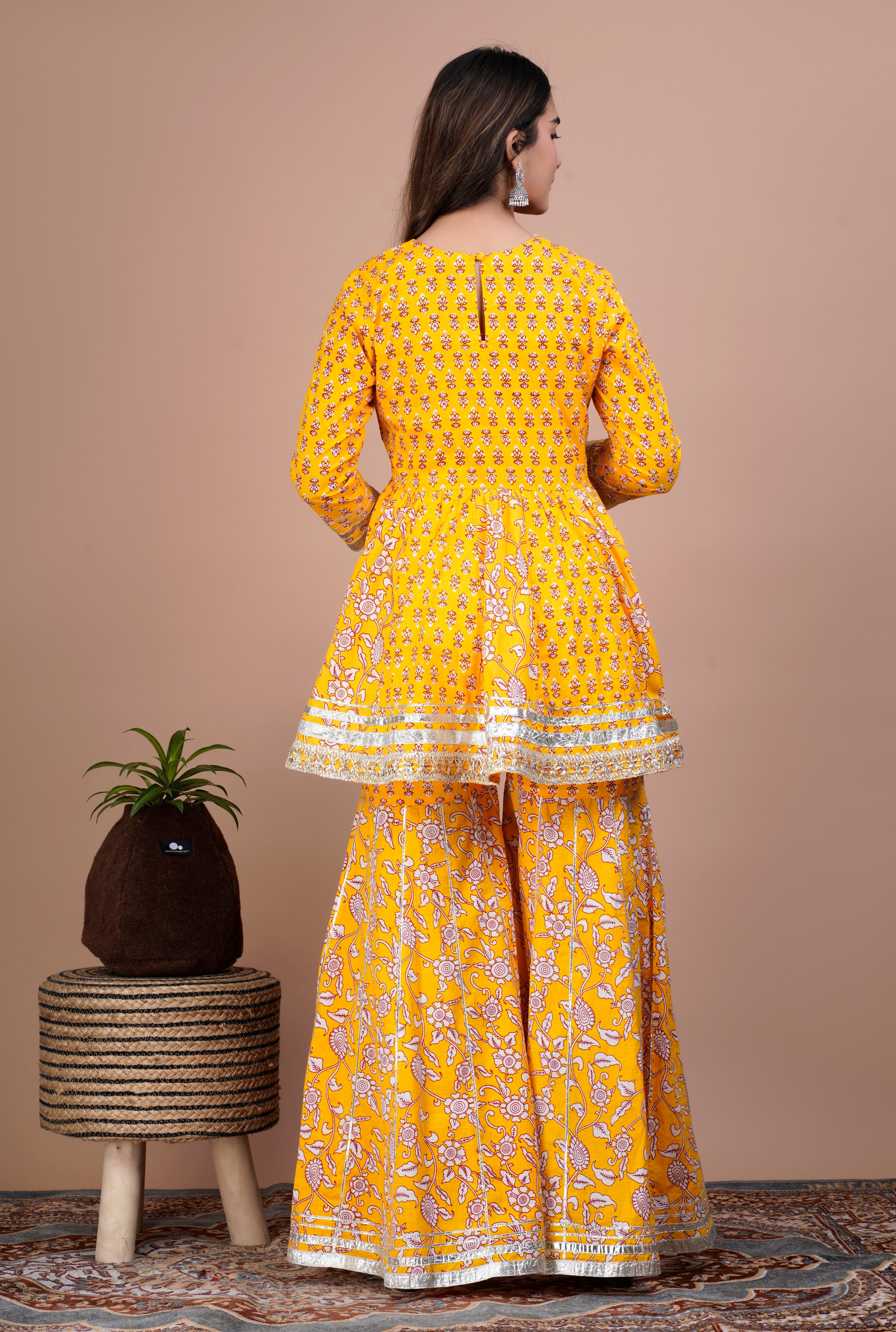 Marigold Yellow Floral & Mirror Work Kurta, Sharara and Dupatta Set