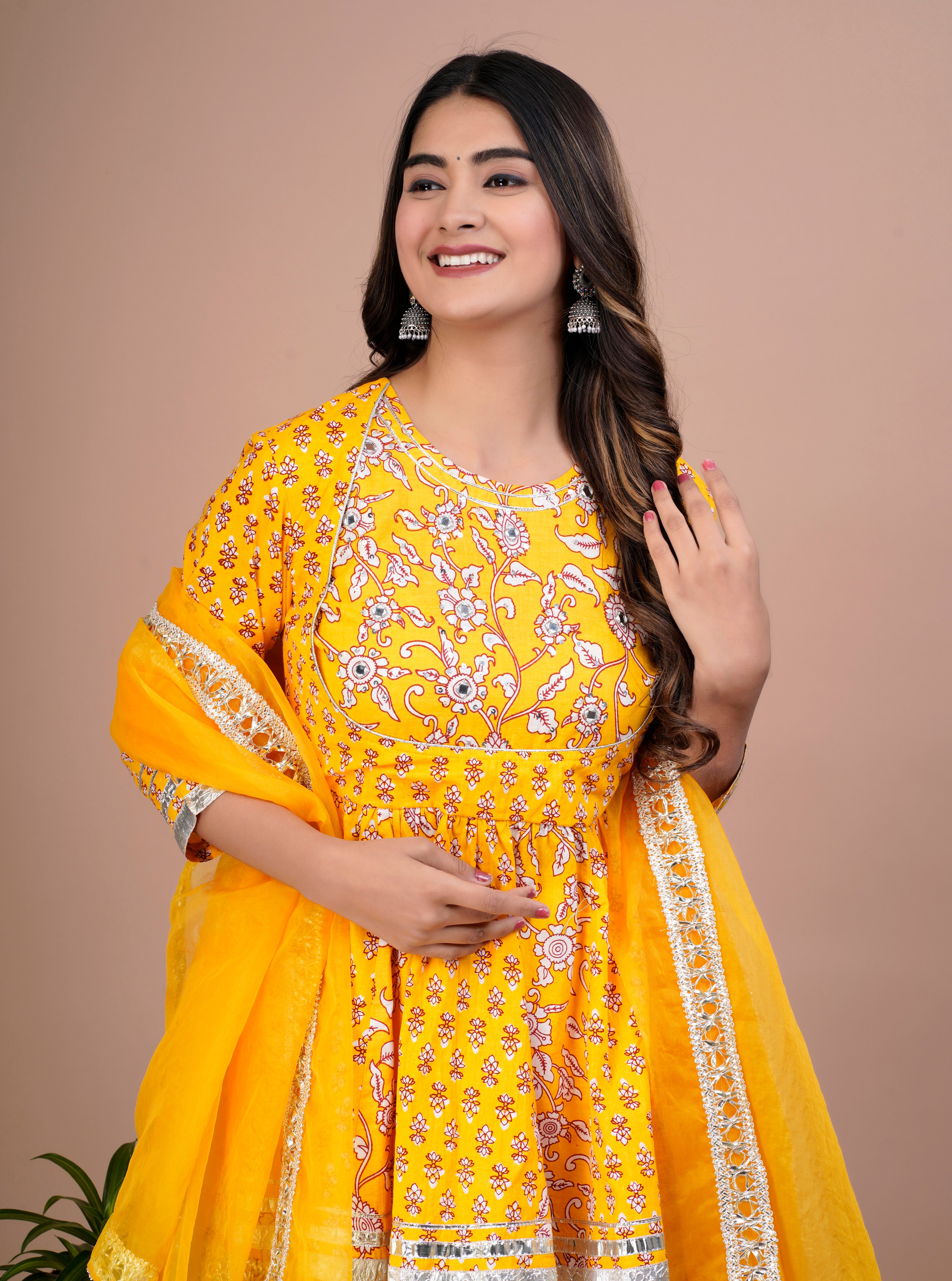 Marigold Yellow Floral & Mirror Work Kurta, Sharara and Dupatta Set