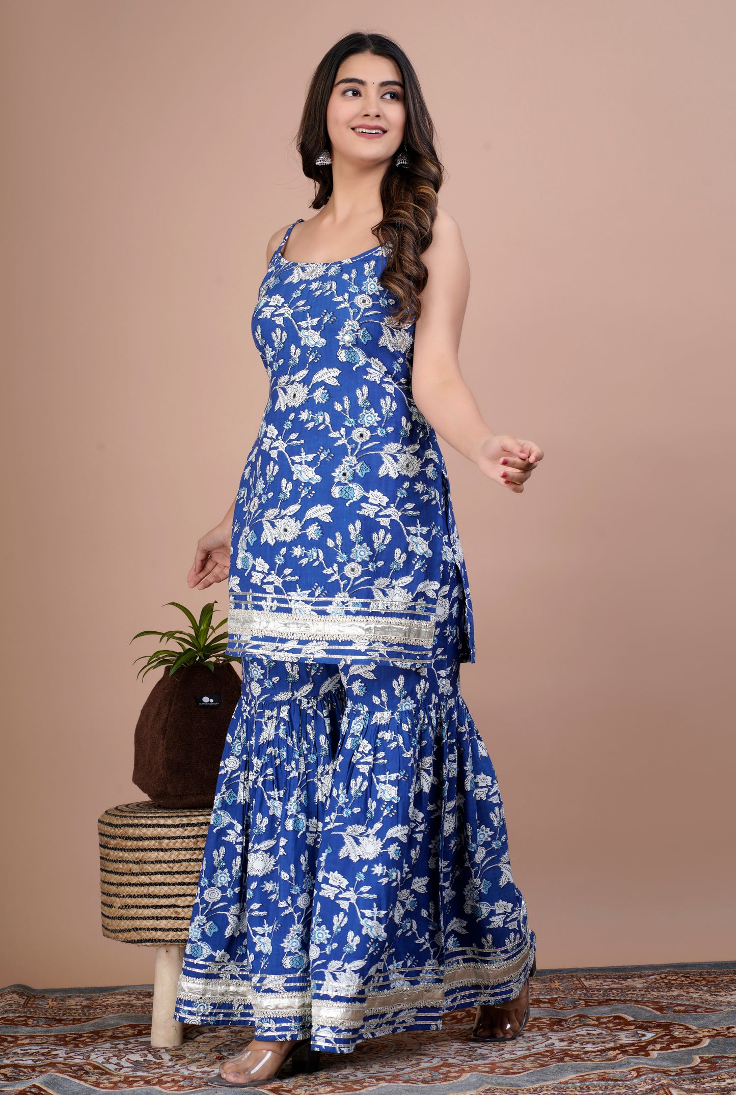 Blue Floral Mirror Work Kurta, Sharara and Dupatta Set