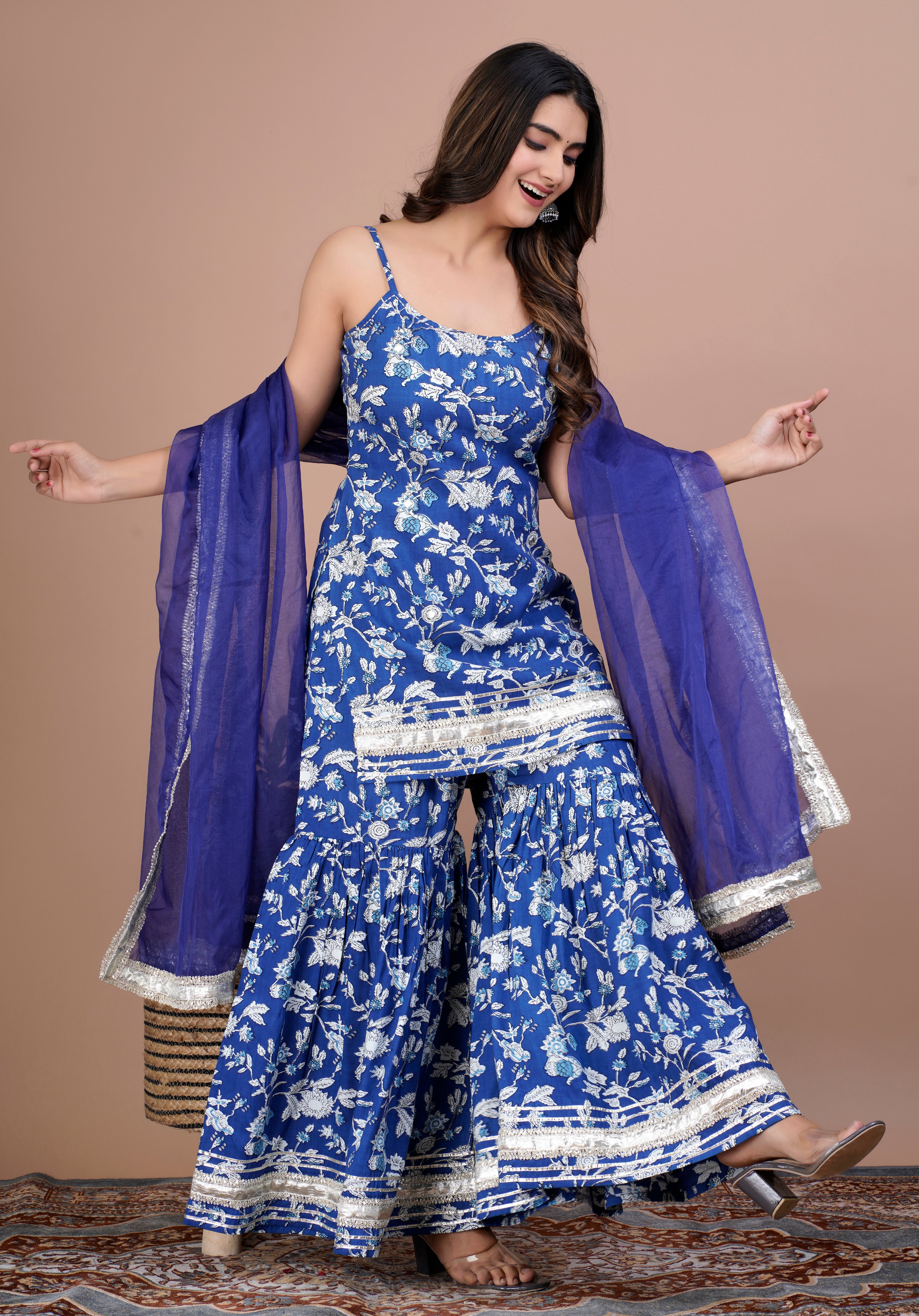 Blue Floral Mirror Work Kurta, Sharara and Dupatta Set