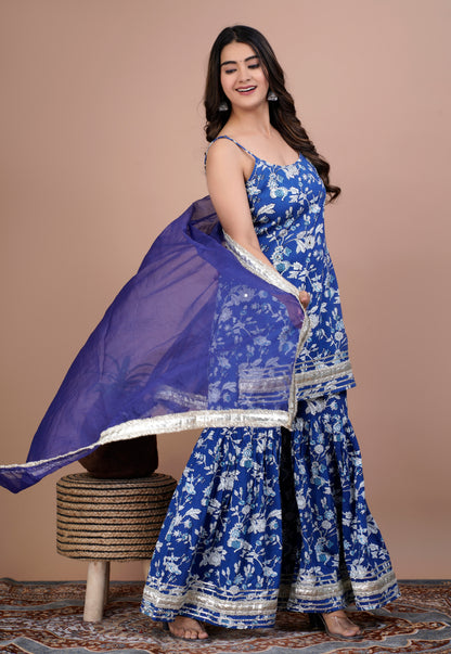 Blue Floral Mirror Work Kurta, Sharara and Dupatta Set