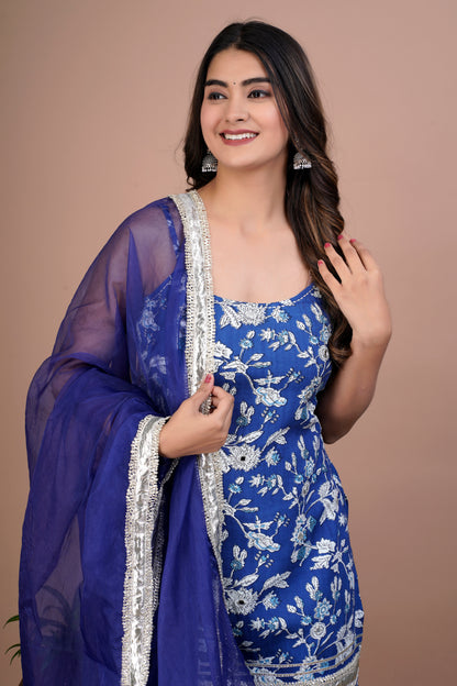 Blue Floral Mirror Work Kurta, Sharara and Dupatta Set