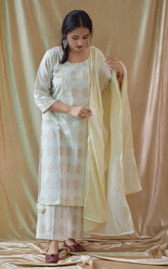 MUM & DAUGHTER Off-White 3-pc Kurta-palazzo Set with Dupatta