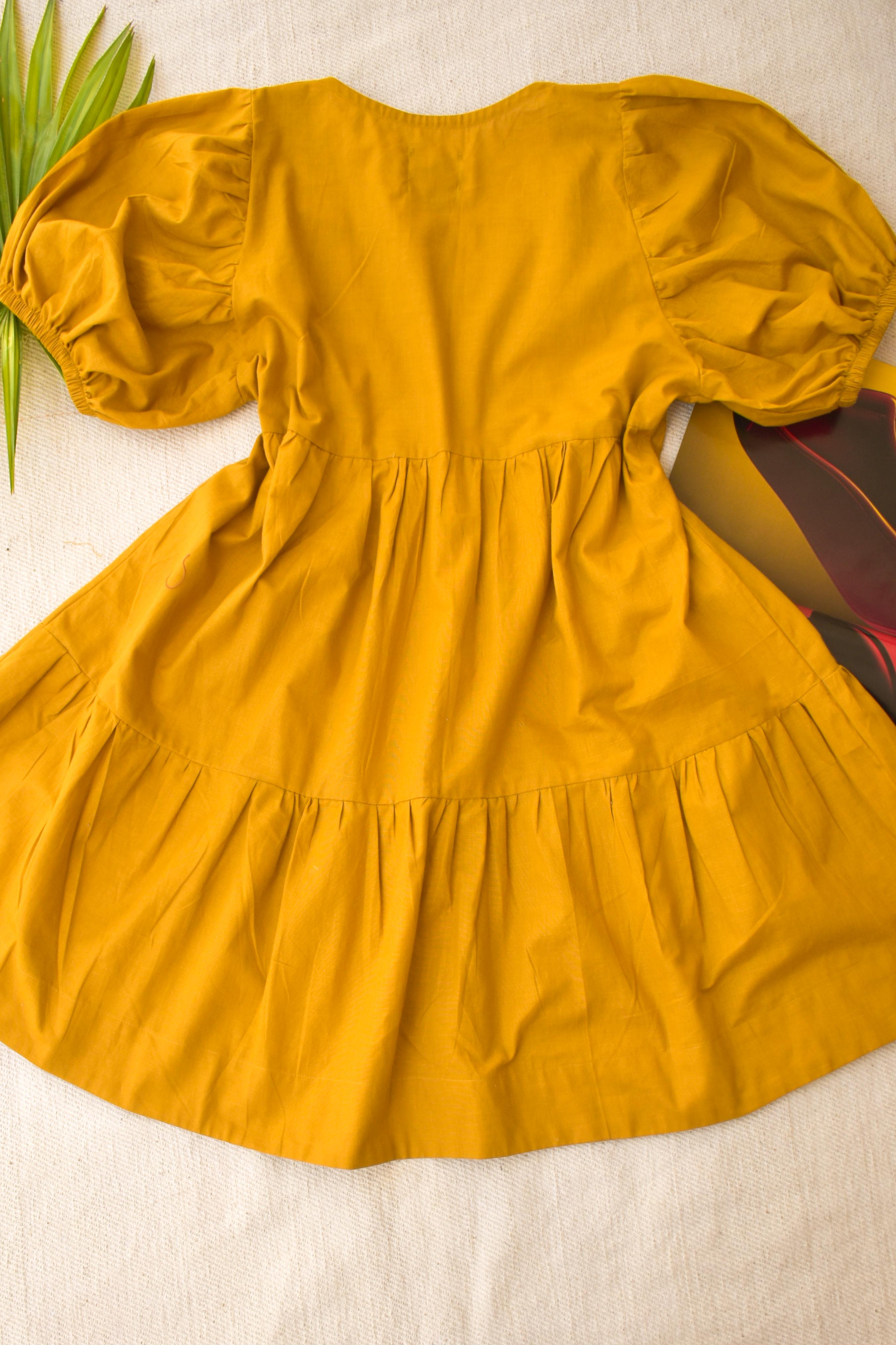 MUM & DAUGHTER Mustard 3-tier Midi Dress with Statement Sleeves