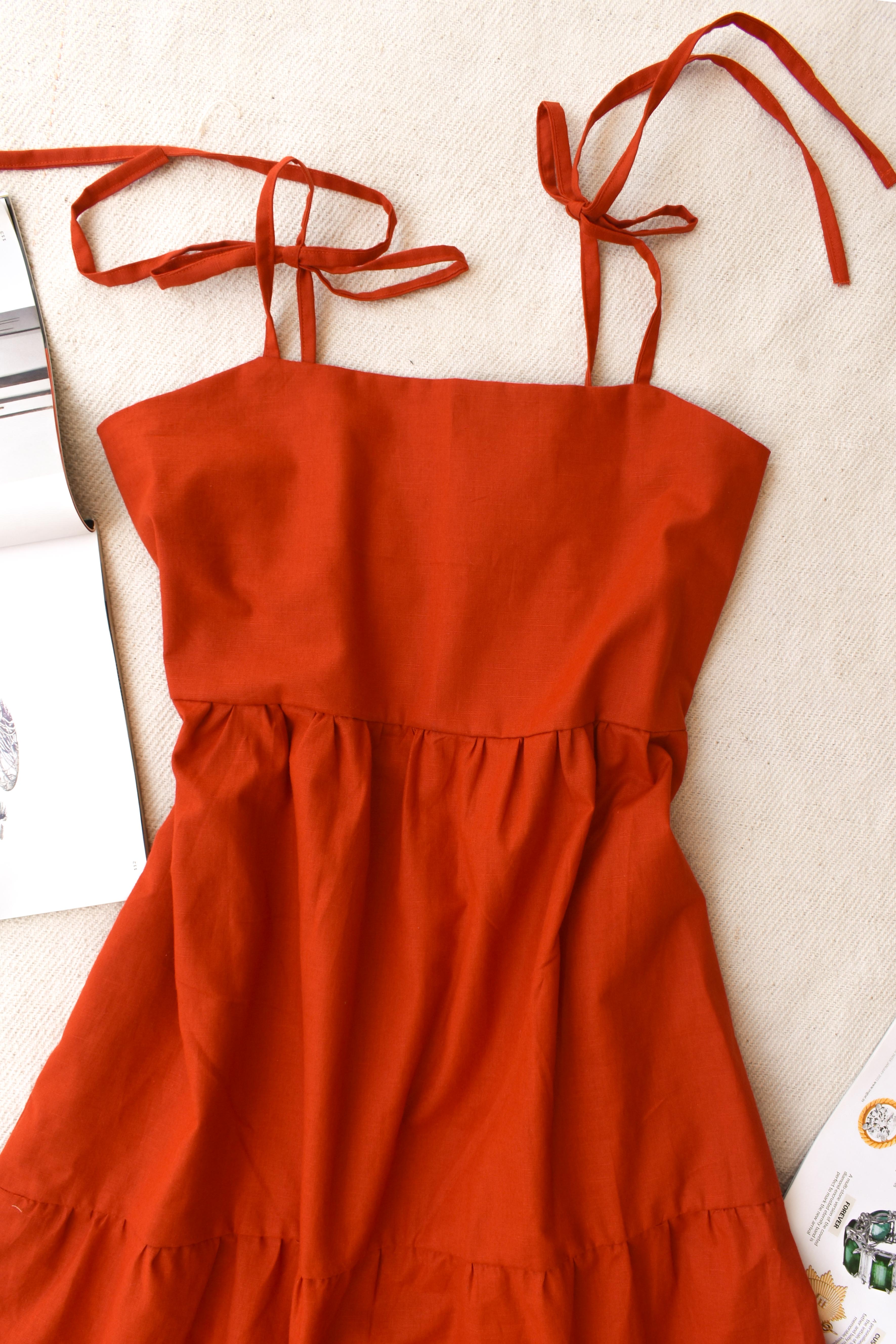 MUM & DAUGHTER Rust Orange Tie-up String Sleeves Beach Gown